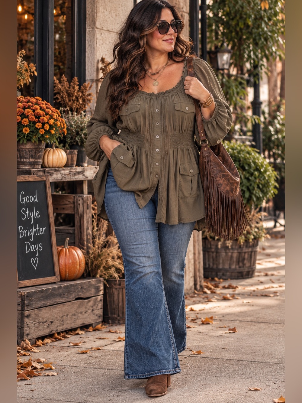 Lane Bryant 26/28 Olive Boho Peasant Tunic Blouse Smocked Waist Utility Pockets